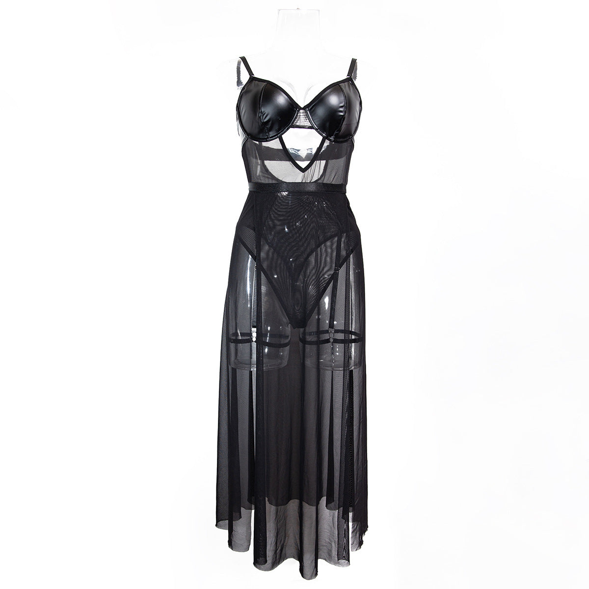 Mesh Faux Leather Two-piece Lingerie Set - Styled View