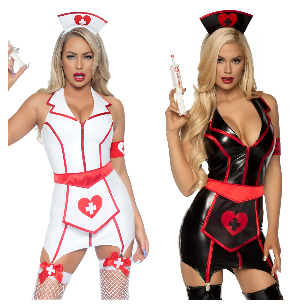 Black and white nurse costume lingerie set with contrast trim - front view