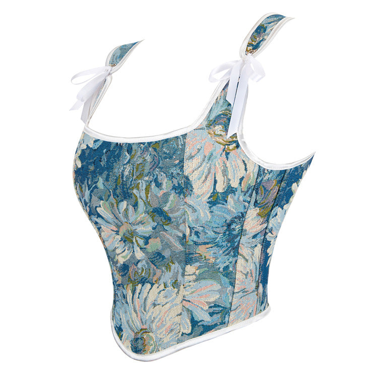 Blue Floral White Tie-Strap Corset Top, alternate view 2