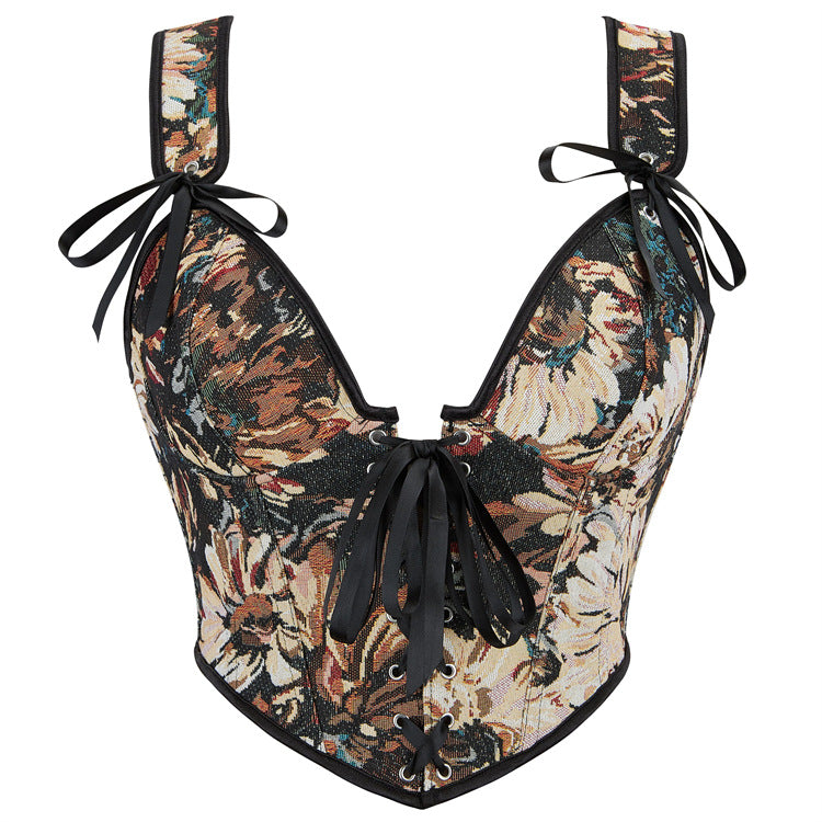Black Floral Lace-Up Shoulder Corset Top, alternate view 5