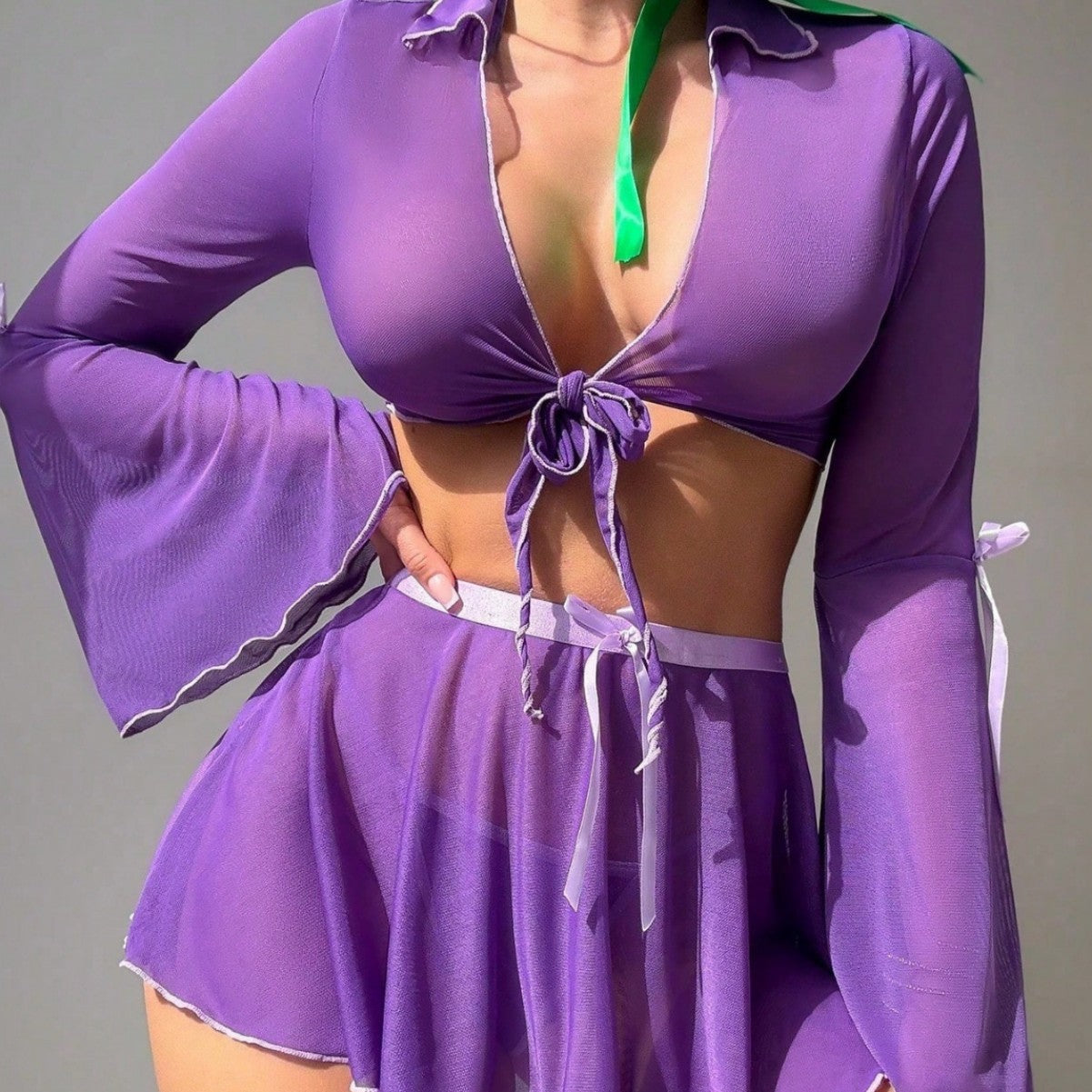 Purple Bell-Sleeve Tie-Front Lingerie Set