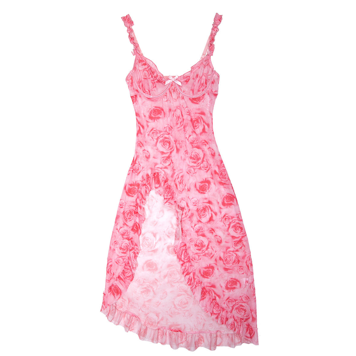 Pink floral slit chemise nightdress with long side slit - alternate view