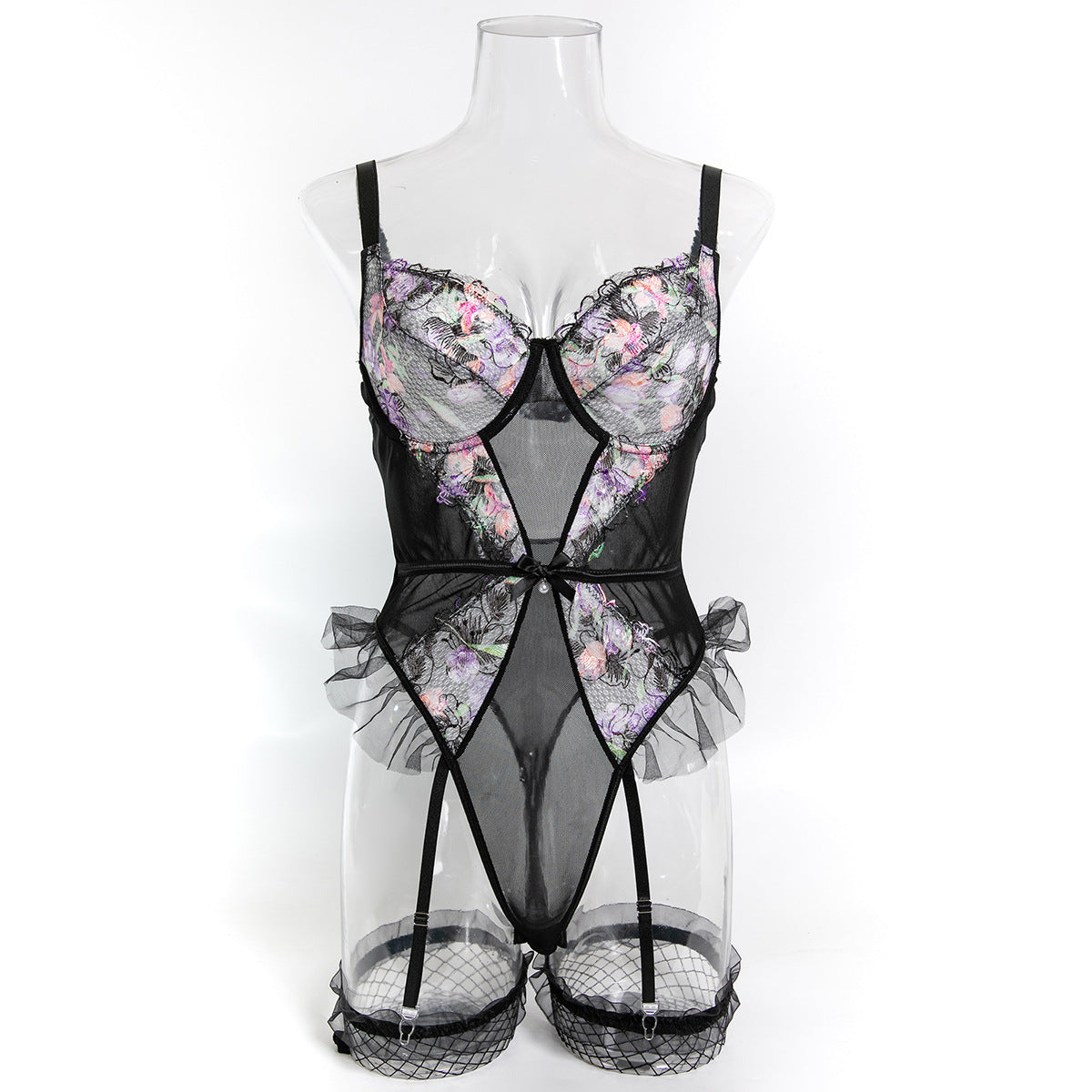 Floral Embroidered Lace Teddy Bodysuit - Styled View