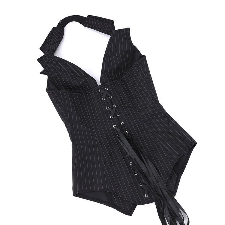 Black Pinstripe Zip-Front Corset Top, alternate view 4