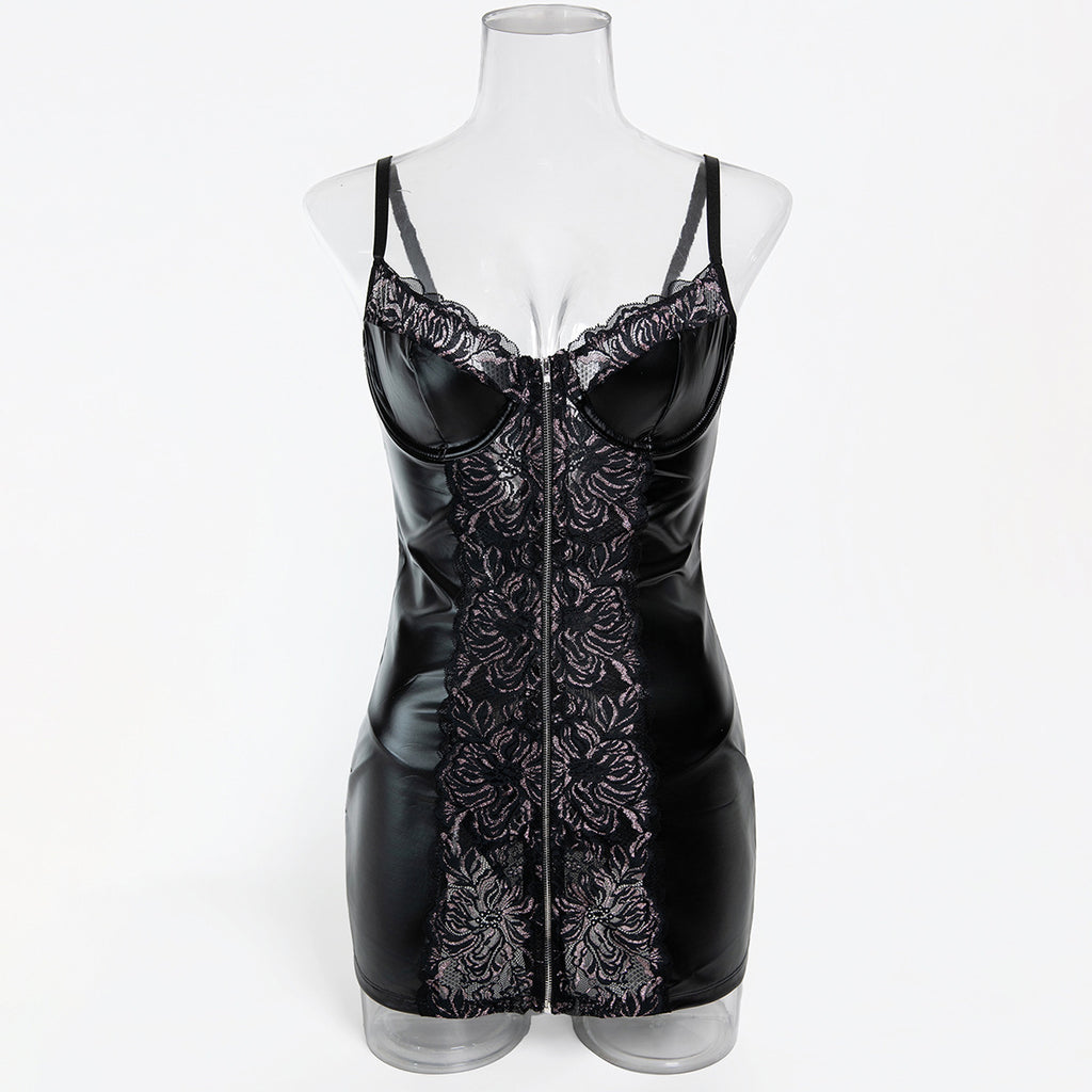 Lace Black Faux Leather Lingerie Set - Alternate View