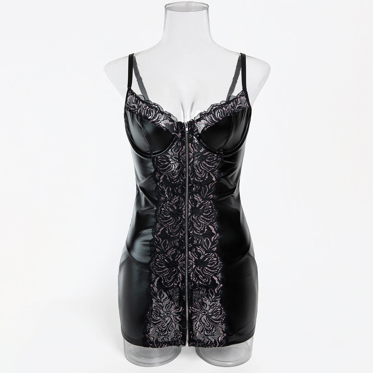 Lace Black Faux Leather Lingerie Set - Alternate View