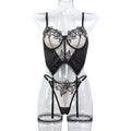 Sheer embroidered garter lingerie set in black and wine red color options - alternate view