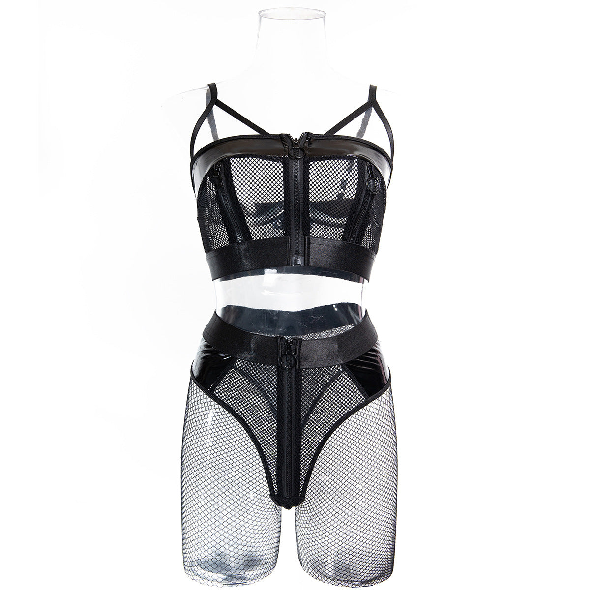 Mesh Faux Leather Lingerie Set - Alternate View