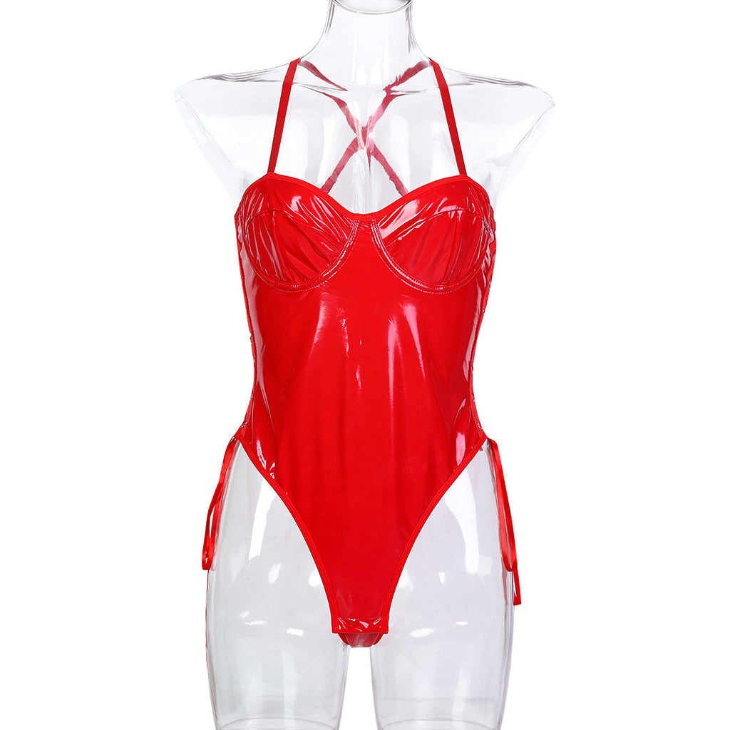 Faux leather-look strappy teddy bodysuit in black and red color options - alternate view