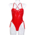 Faux leather-look strappy teddy bodysuit in black and red color options - alternate view