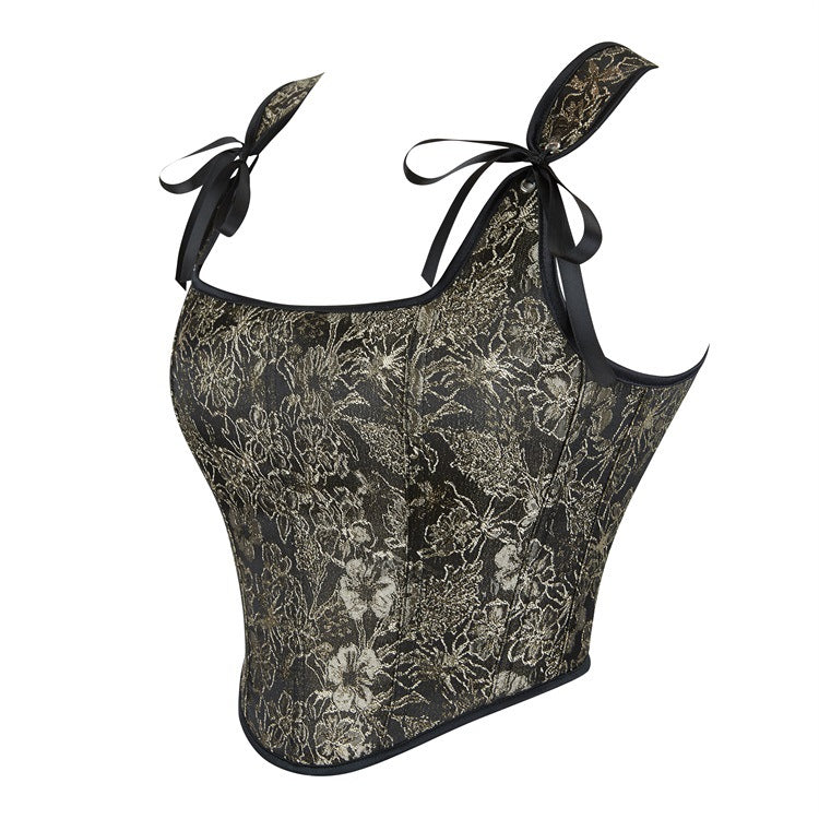 Black Gold Floral Tie-Strap Corset Top, alternate view 2