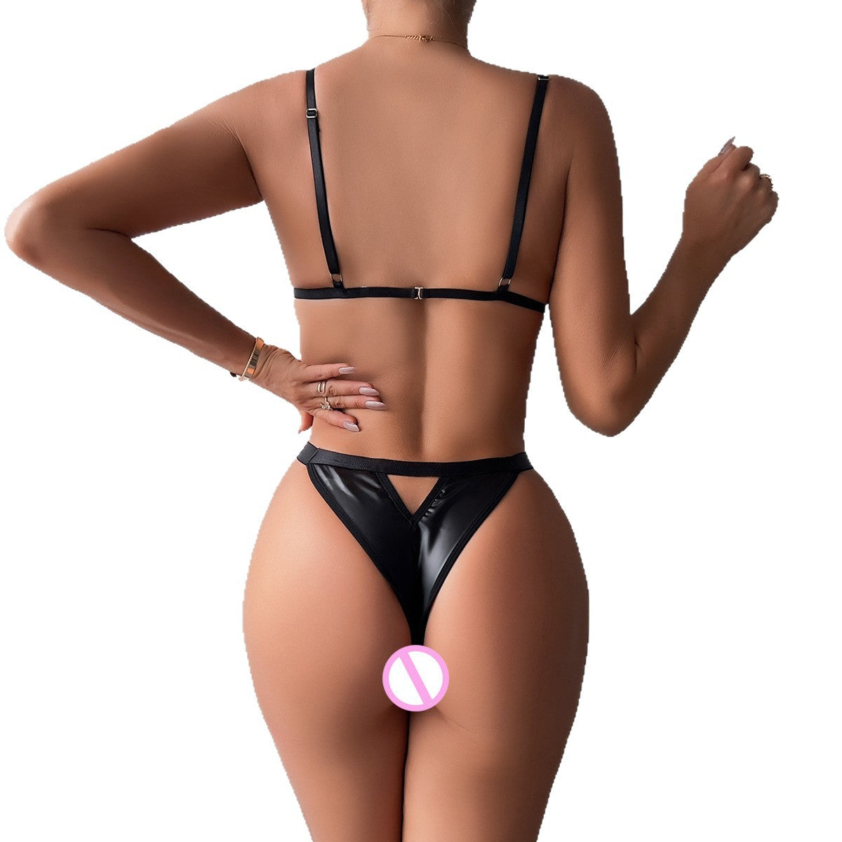 Black open-cup strappy lingerie set with body-framing straps - alternate view