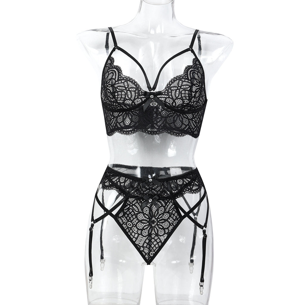 Mesh Black Strappy Three-Piece Lingerie Set - Secret Hour lingerie
