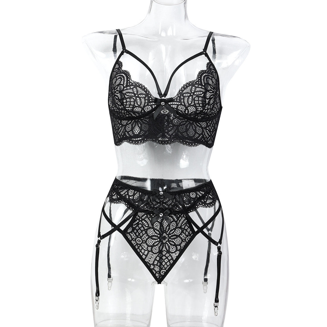 Mesh Black Strappy Three-Piece Lingerie Set - Secret Hour lingerie