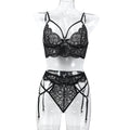 Mesh Black Strappy Three-Piece Lingerie Set - Secret Hour lingerie