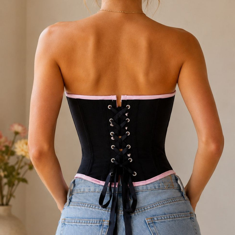 Black Pink Bow Lace-Up Corset Top, alternate view 4