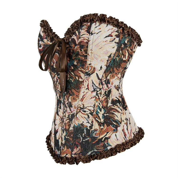 Black Floral Ruffle Lace-Up Corset Top, alternate view 2