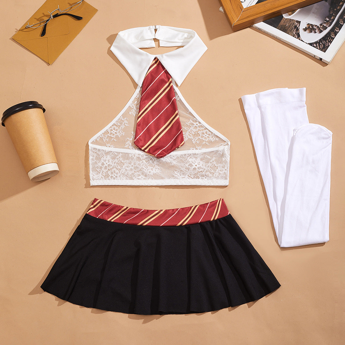 Sheer Mesh Uniform-Inspired Costume Lingerie Set - Alternate View