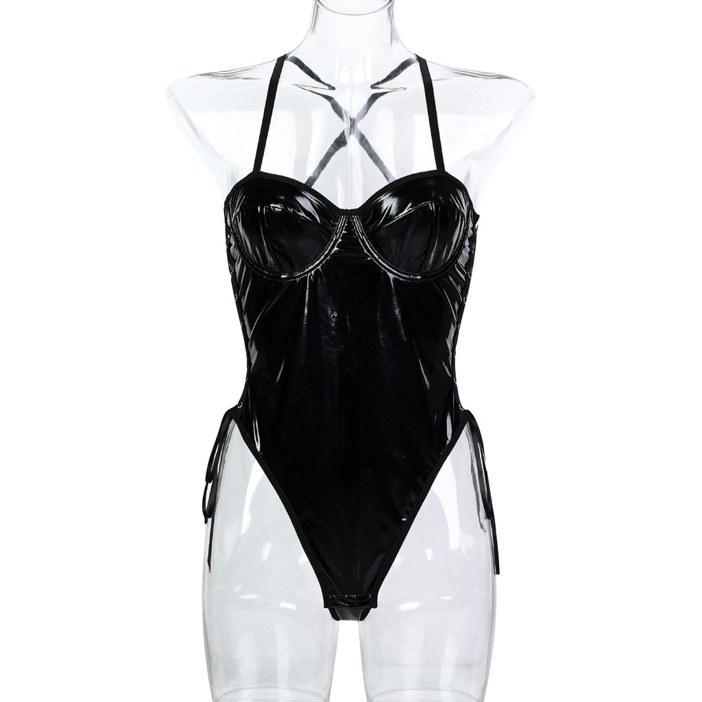 Faux leather-look strappy teddy bodysuit in black and red color options - alternate view