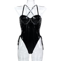 Faux leather-look strappy teddy bodysuit in black and red color options - alternate view