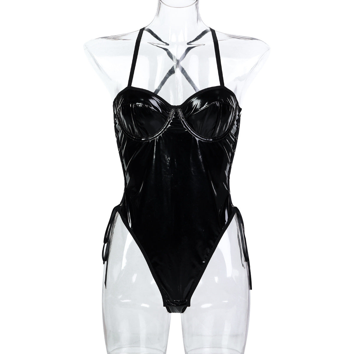 Faux leather-look strappy teddy bodysuit in black and red color options - alternate view