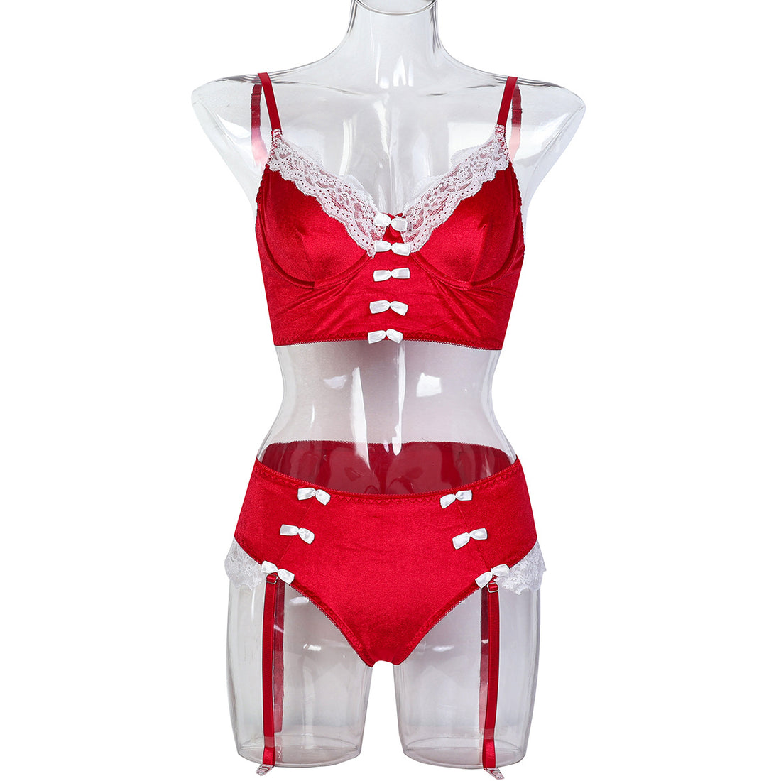 Green and red lace-look bralette and short set - alternate view