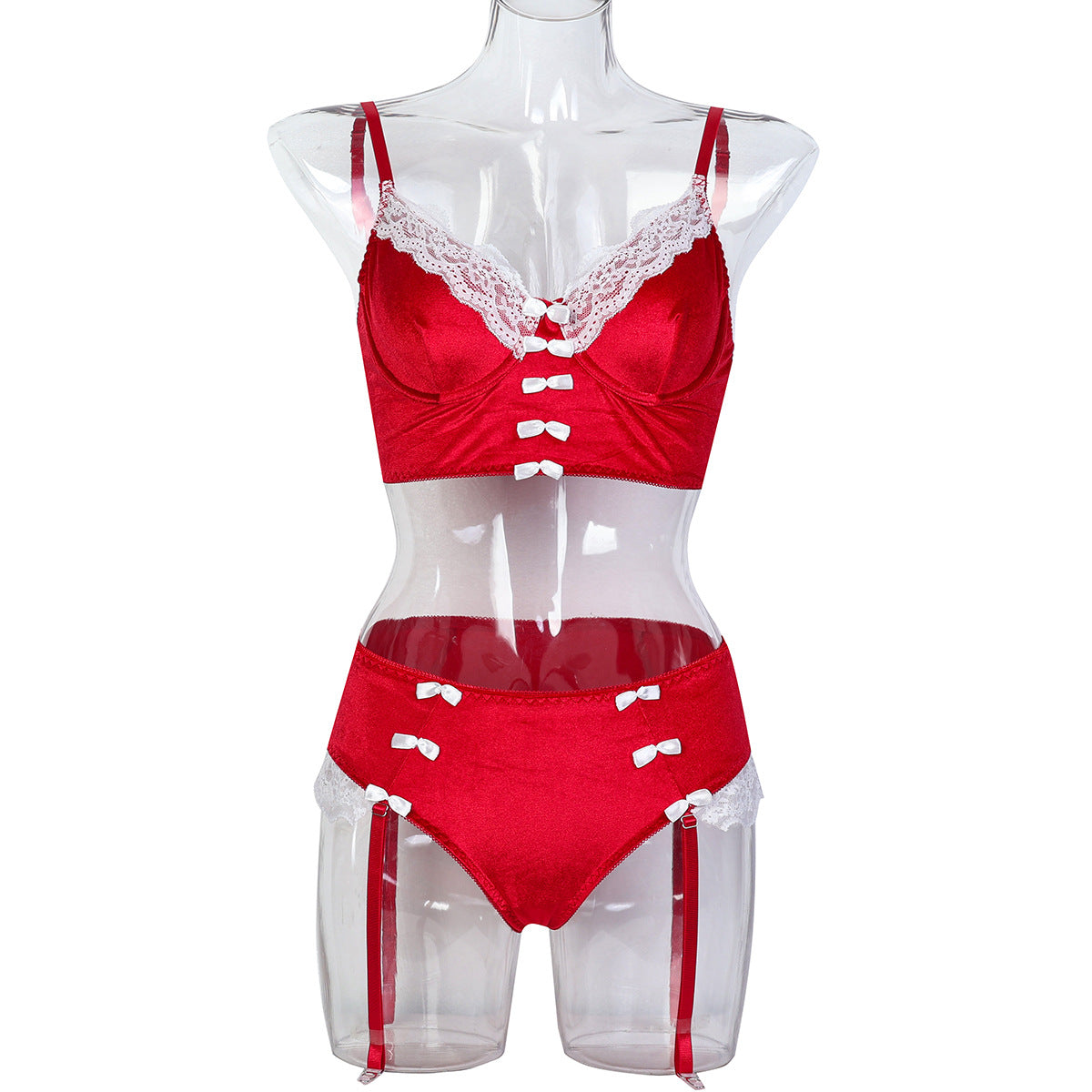 Green and red lace-look bralette and short set - alternate view