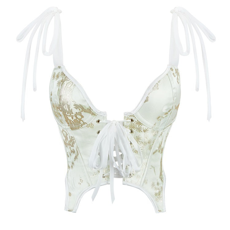 White Floral Tie-Front Corset Top