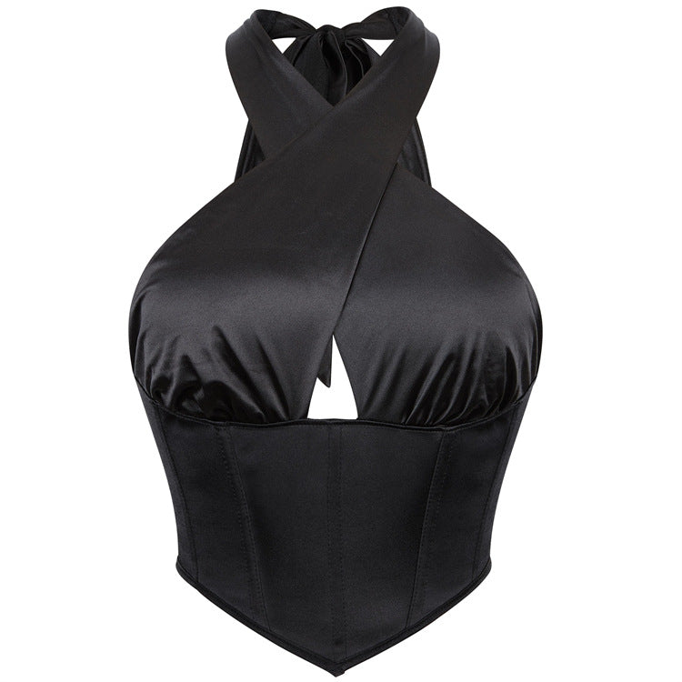 Black Satin-Look Cross-Neck Corset Top