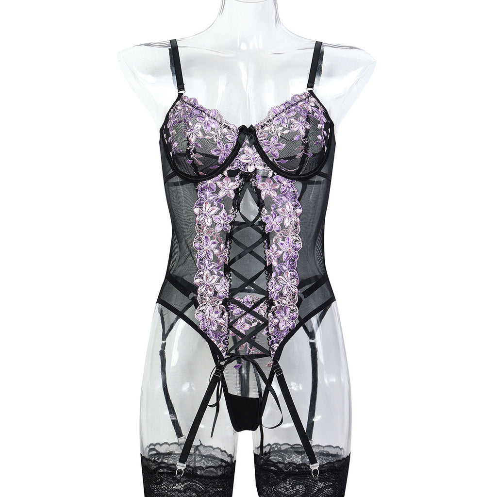 Wine Red Floral Lace Garter Lingerie Set - Alternate View