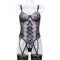 Wine Red Floral Lace Garter Lingerie Set - Alternate View