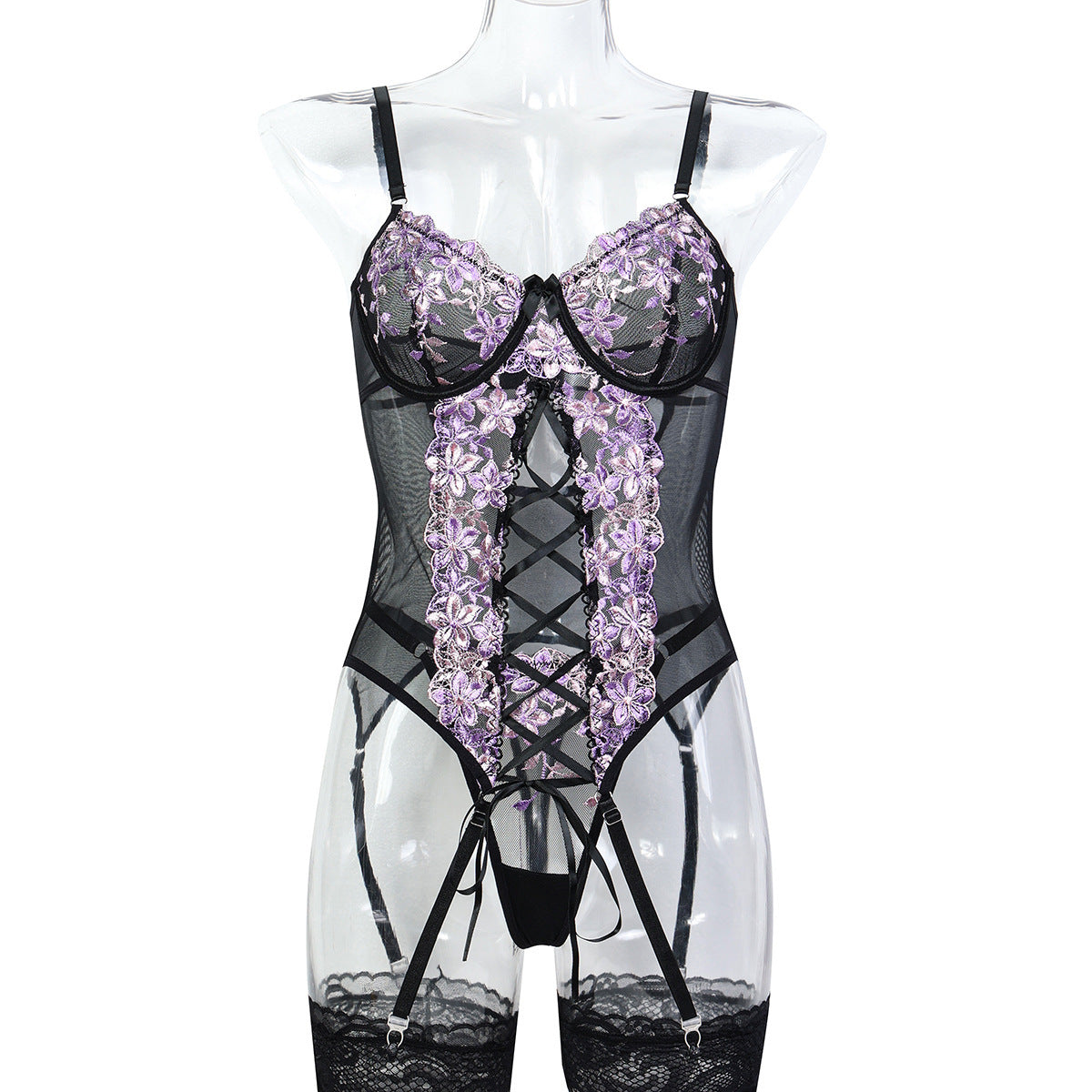 Wine Red Floral Lace Garter Lingerie Set - Alternate View