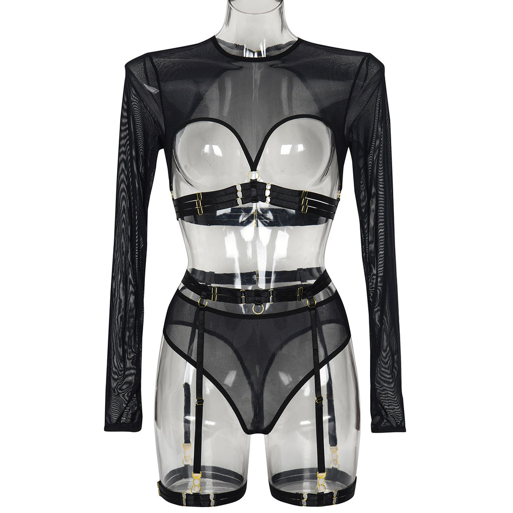 Mesh Faux Leather Three-Piece Lingerie Set - Styled View