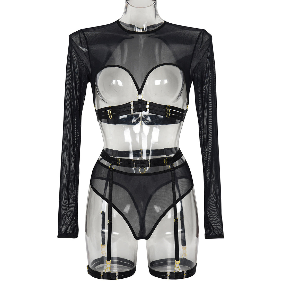 Mesh Faux Leather Three-Piece Lingerie Set - Styled View