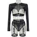 Mesh Faux Leather Three-Piece Lingerie Set - Styled View