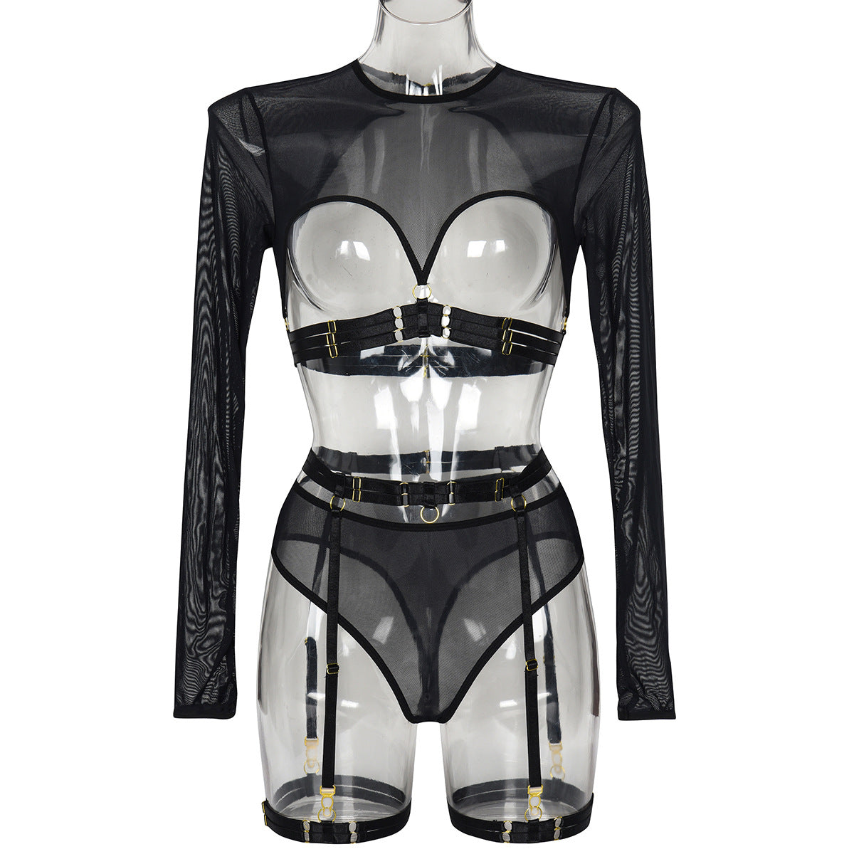 Mesh Faux Leather Three-Piece Lingerie Set - Styled View