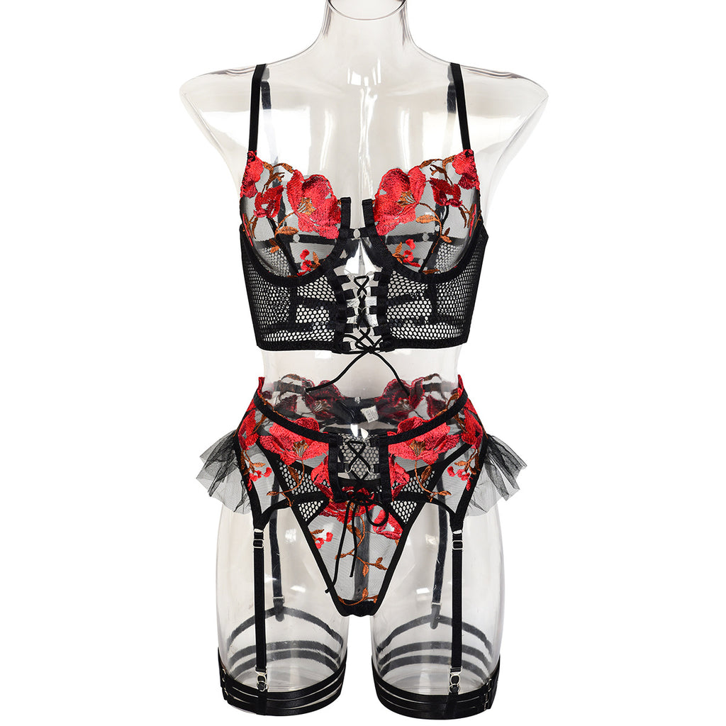 Black Lace Four-Piece Lingerie Set - Secret Hour lingerie