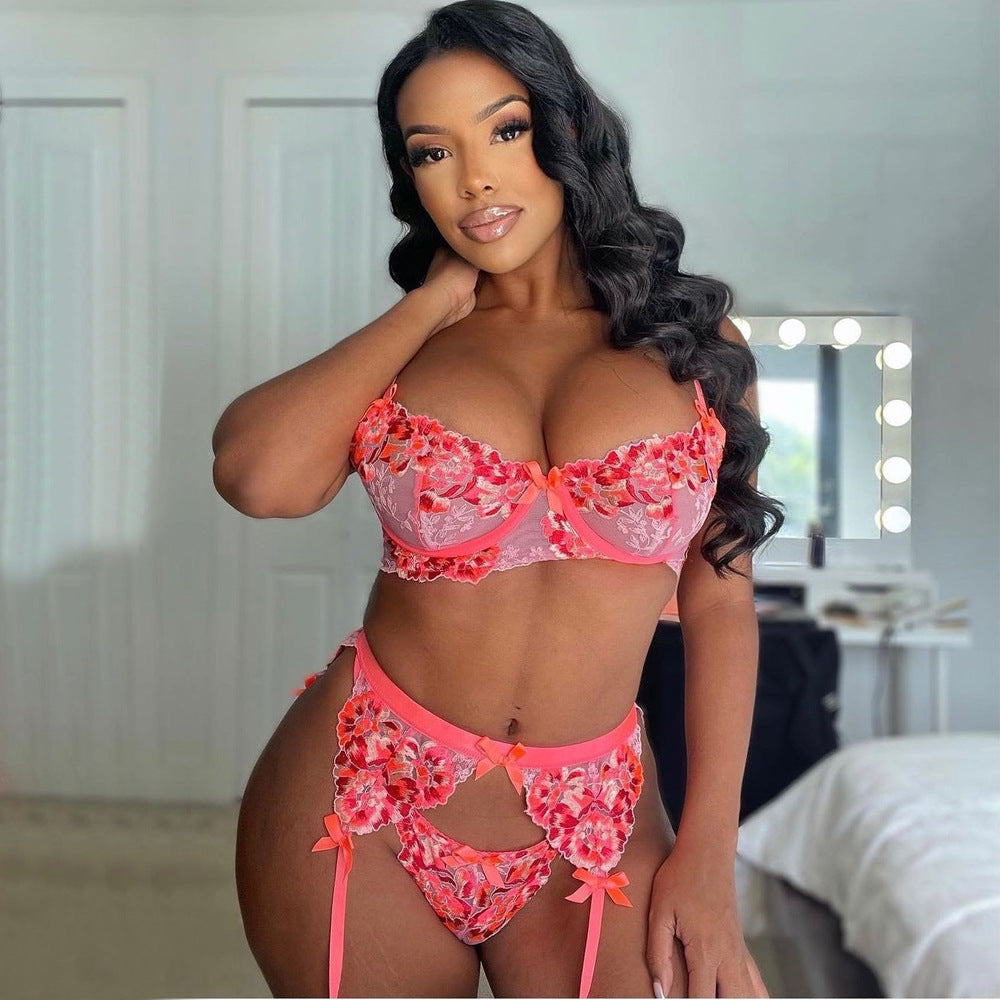 Floral Embroidered Bow Detail Three-Piece Lingerie Set - Side View