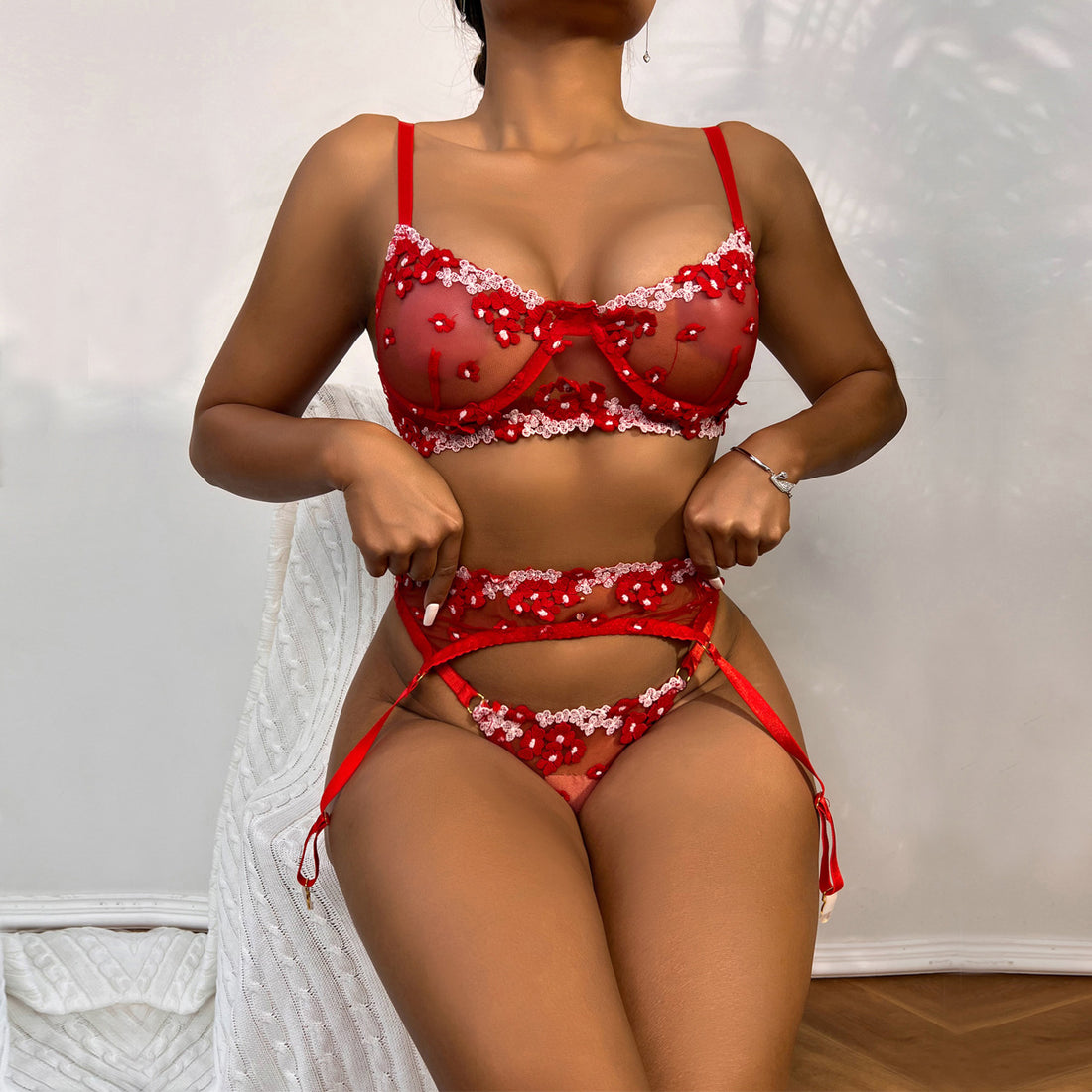 Floral Embroidered Mesh Three-Piece Lingerie Set - Back View