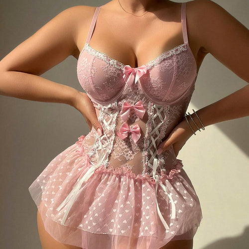 Pink Polka Dot Lace-Up Lingerie Set