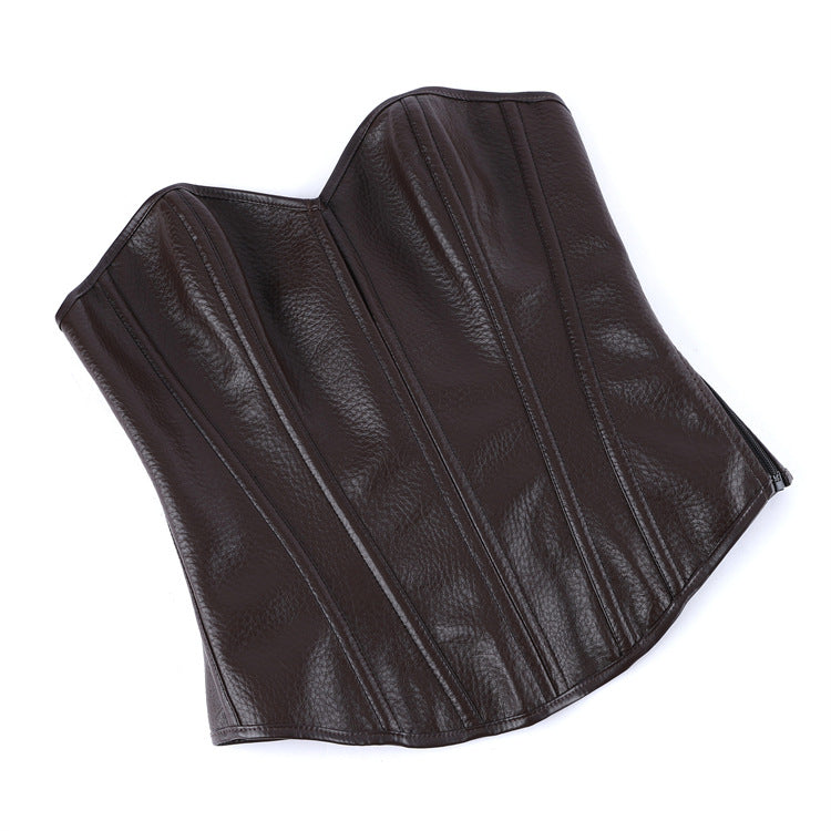 Brown Leather-Look Strapless Corset Top, alternate view 5