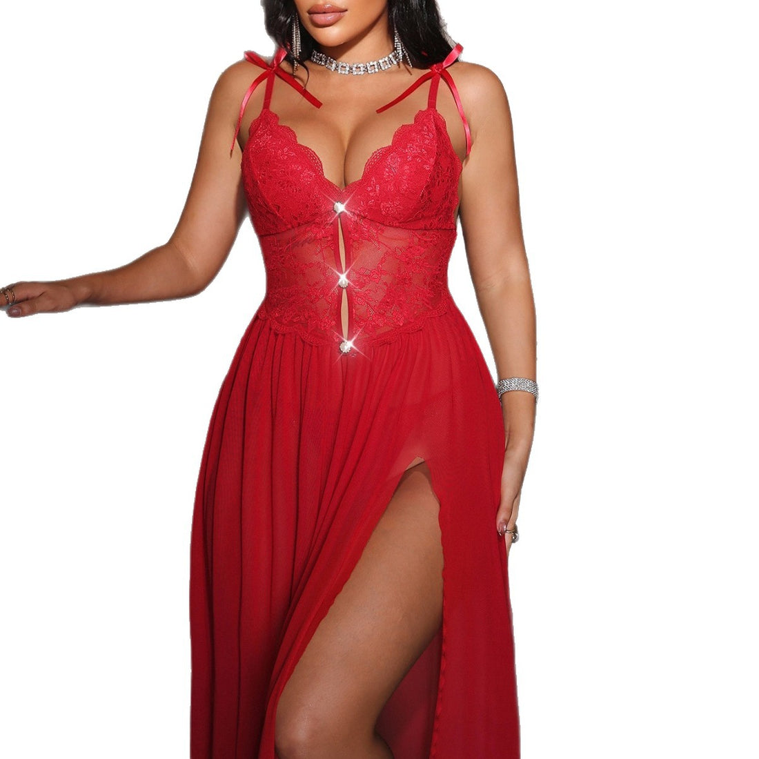 Red High-Slit Chemise Nightdress, alternate view 5