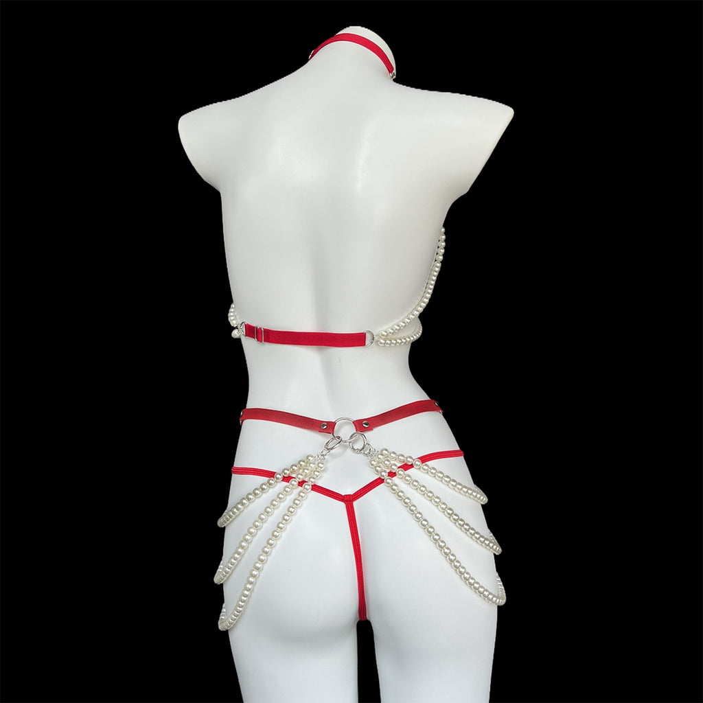 Pearl chain harness lingerie set with strappy body detail - alternate view