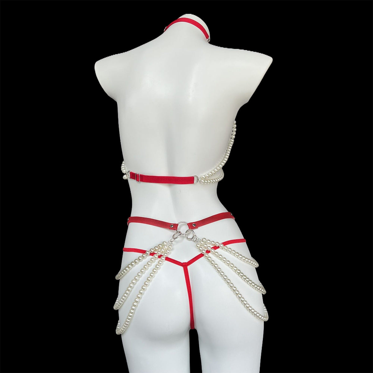 Pearl chain harness lingerie set with strappy body detail - alternate view