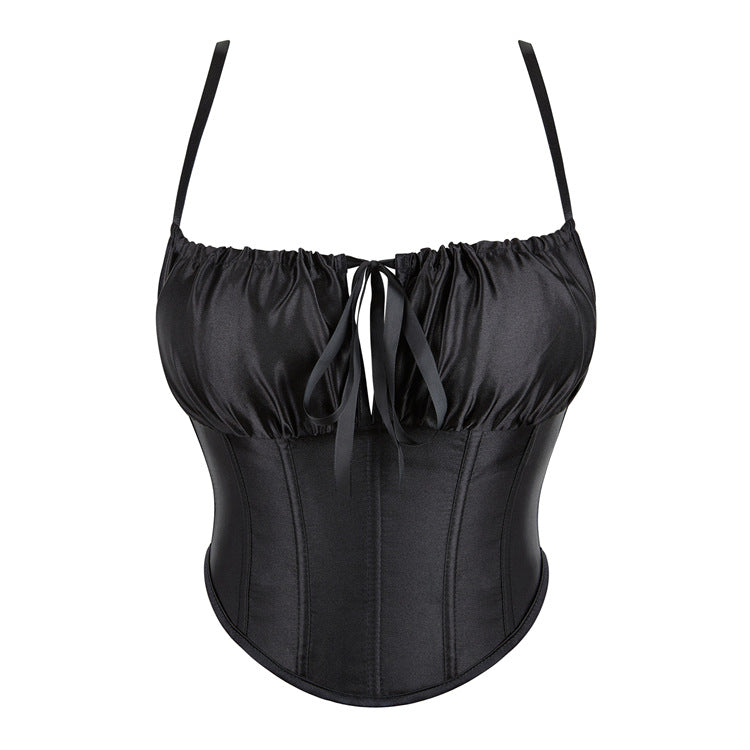 Black Lace-Up Satin-Look Corset Top