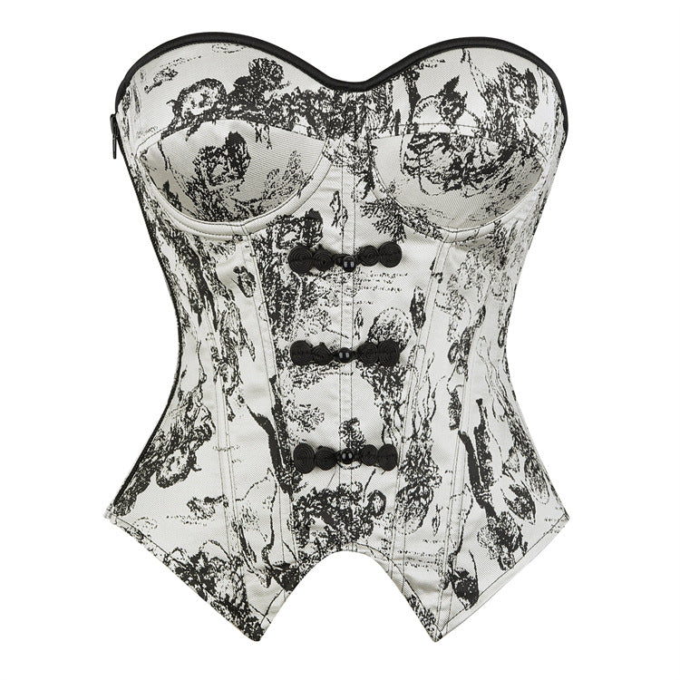 White Black Toile Print Corset Top