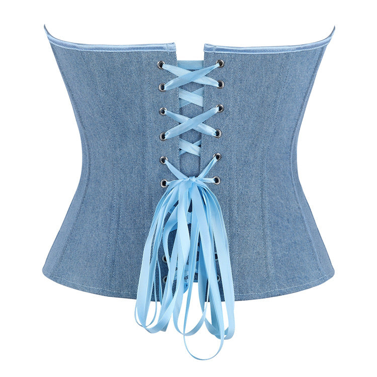 Blue Denim-Look Strapless Corset Top, alternate view 4