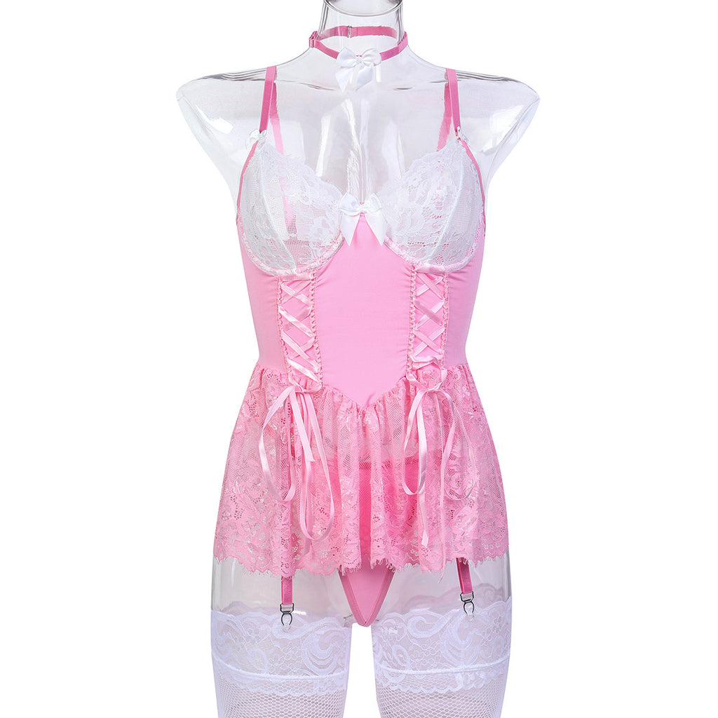 Pink Bow Detail Three-Piece Lingerie Set - Styled View