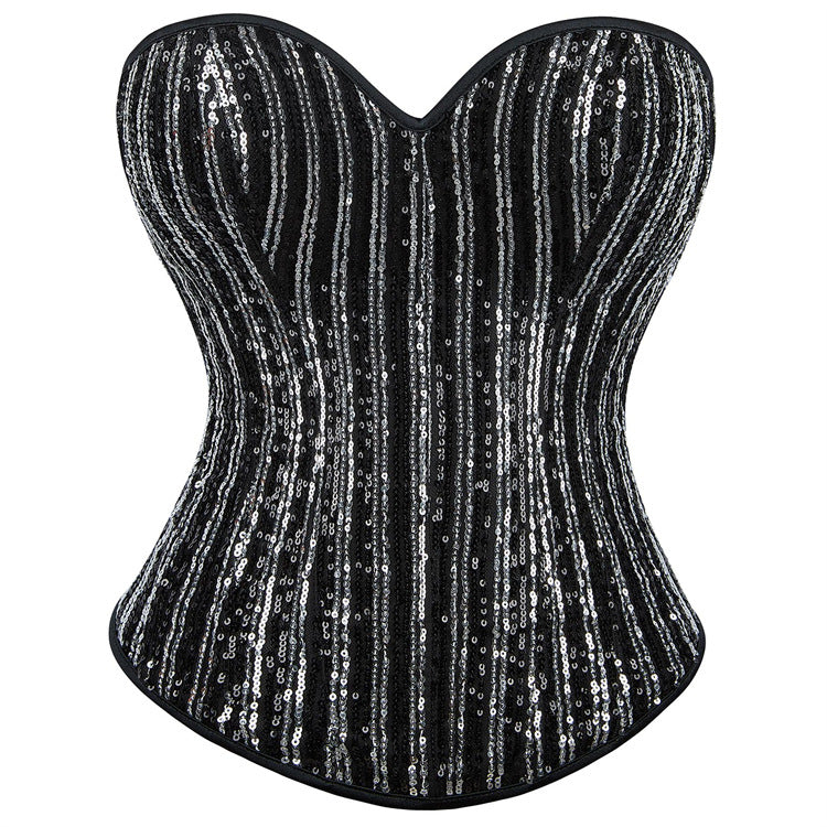 Black Silver Stripe Strapless Corset Top
