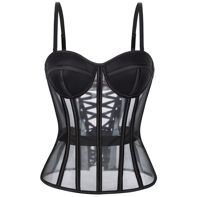 Black Sheer Panel Lace-Up Corset Top
